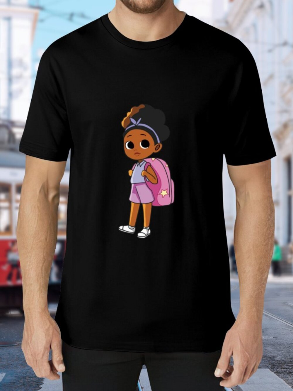 Black Graphic Short Sleeve Tee with Cute Girl Cartoon